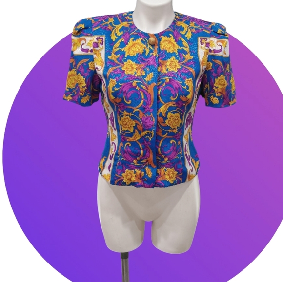 Petites for Maggy Tops - Petites for Maggy Women's Sz 4 Blouse Blazer Blue Gold Paisley Dynasty Versace